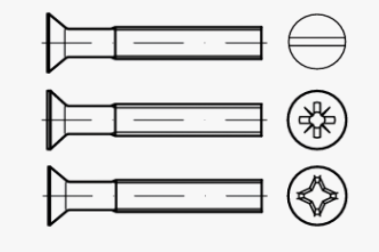 Technische Zeichnungen von verschiedenen Schraubentypen – symbolisieren Vielfalt an Schraubenarten im Sortiment.