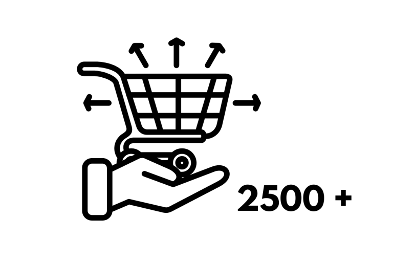 Großes Sortiment – über 2500 Artikel sofort verfügbar Symbol eines Einkaufswagens mit der Zahl „2500+“, steht für ein großes Sortiment an Produkten.