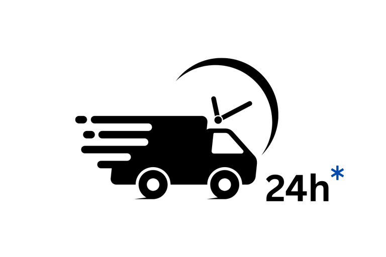Schnelle Lieferung – innerhalb von 24 Stunden möglich Symbol eines Lieferwagens mit „24h“, steht für schnelle und termingerechte Lieferung.