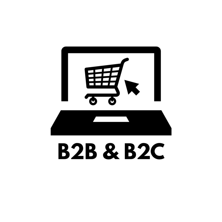 Unser Online-Shop – Verbindungslösungen rund um die Uhr bestellen Symbol eines Einkaufswagens mit B2B & B2C-Schriftzug, steht für den firmeneigenen Online-Shop für Geschäftskunden und Endverbraucher.